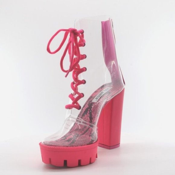 Womens Pink Brooklyn Clear chunky high heel Ankle Boots - Picture 2 of 4